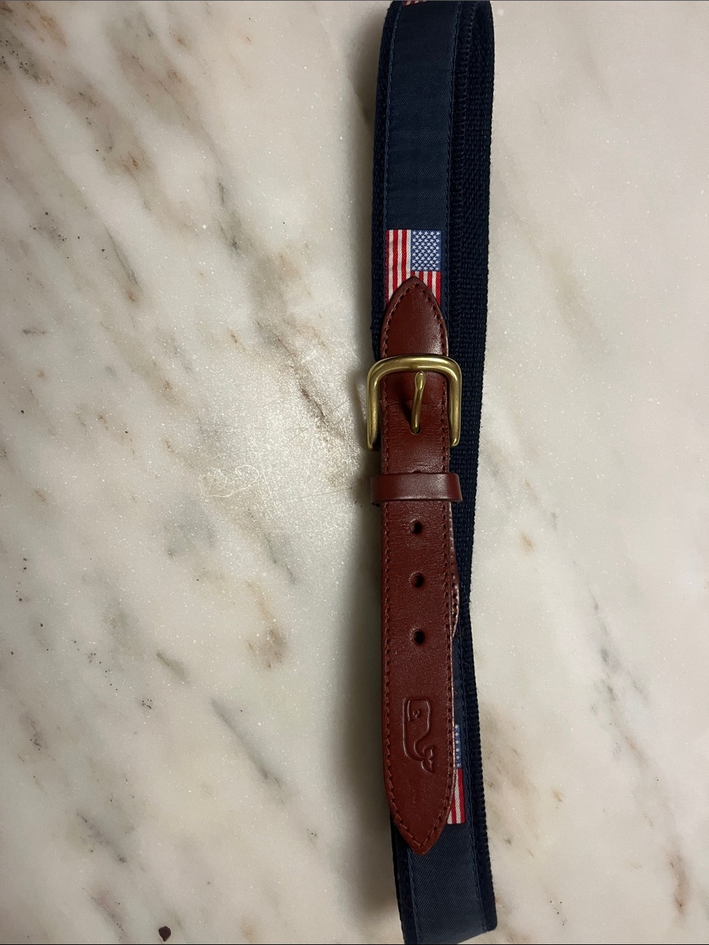 Vineyard Vines Navy Webbing Kids Belt with Brown Leather Trim